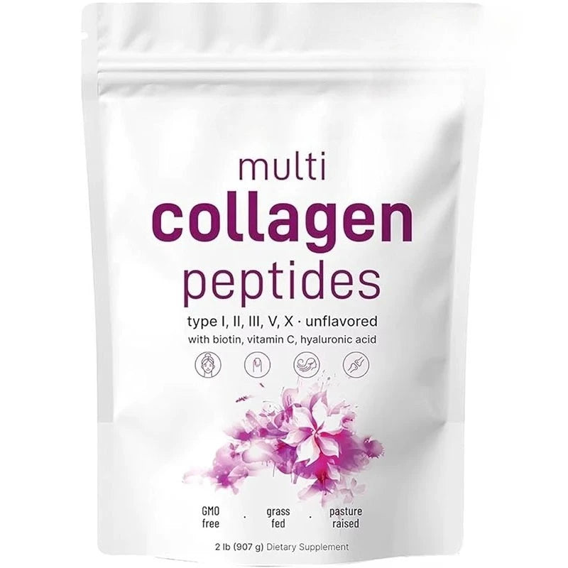 Multi Collagen Peptides with Biotin Vitamin C Hyaluronic Acid Supports Skin Hair Nails Unflavored  Types I II III V X  2Lb  907g