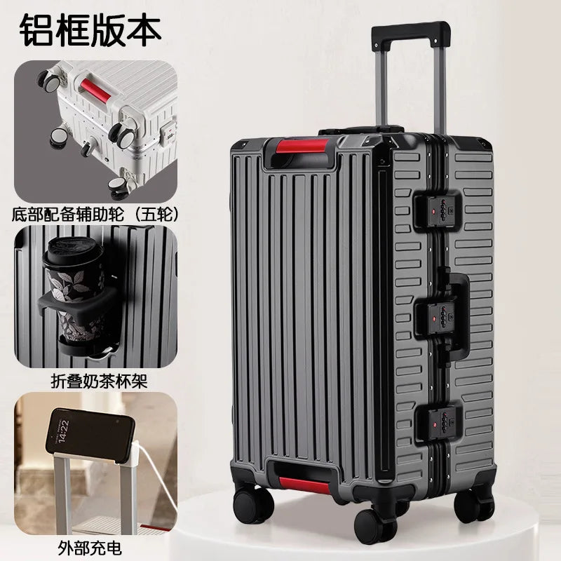 Five Wheels Luggage Aluminum Frame Multifunctional Travel Suitcases  22-28''Large Size Suitcases 3:7 Split