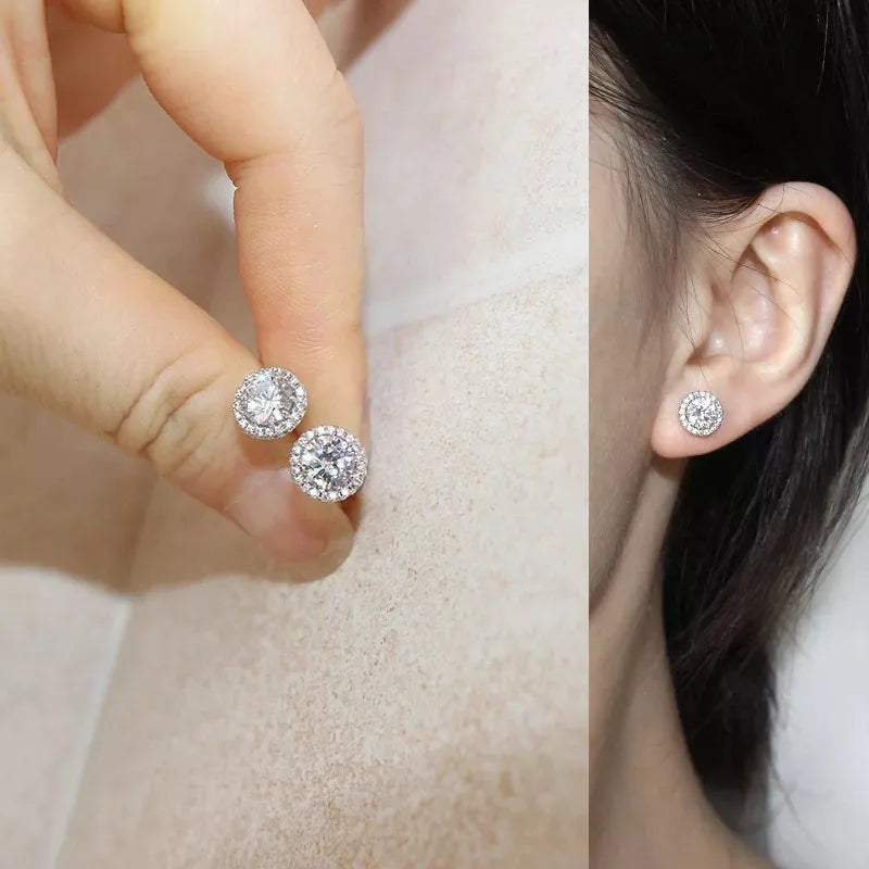 Korean 925 Sterling Silver Cute Round Crystal Stud Earrings for Women S925 Wedding Party Jewelry Gift Aretes De Mujer