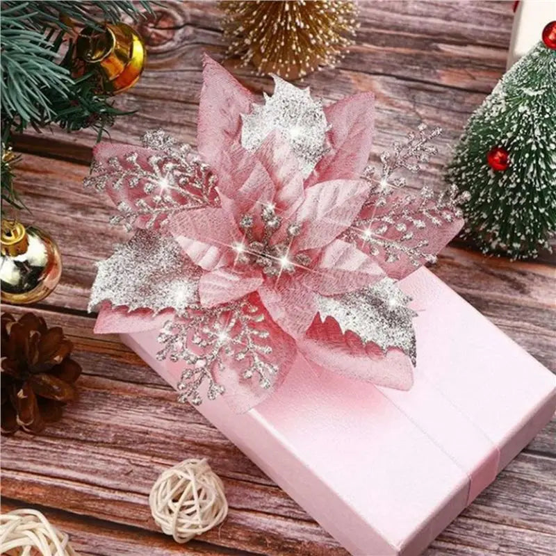【EFFICIENT 】40PCS 14.5Cm Glitter Artificial Christmas Flowers Merry Christmas Tree Decoration Happy New Year Ornaments Xmas,A
