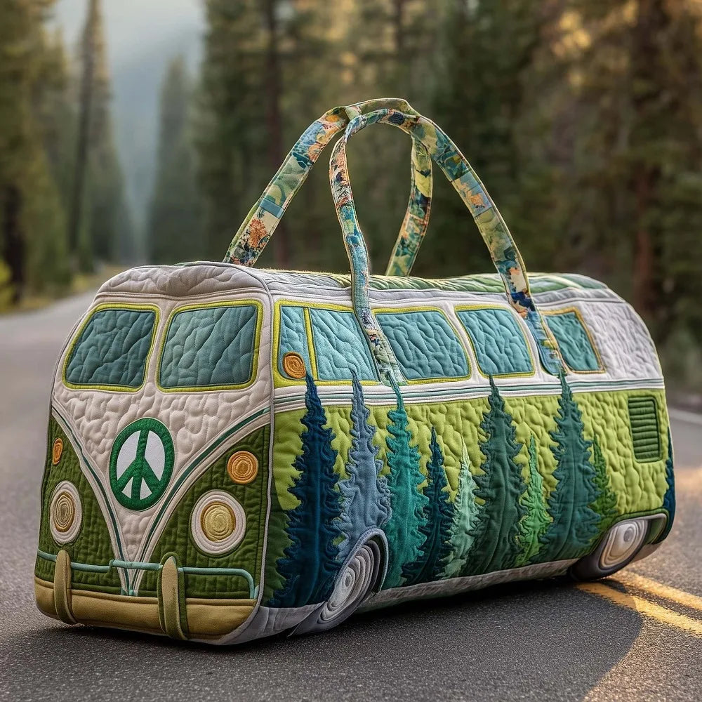 Trendy 3D Quilted Duffle Bag Bus Design Large Capacity Travel Handbag Retro Boho Multifunctional Gym Tote Bag Daily Outings