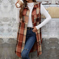 Autumn Winter Plaid Svel Stand Collar Open Cardigan Vest Vintage Long Women's Jaet Mid-Length Striped Floing