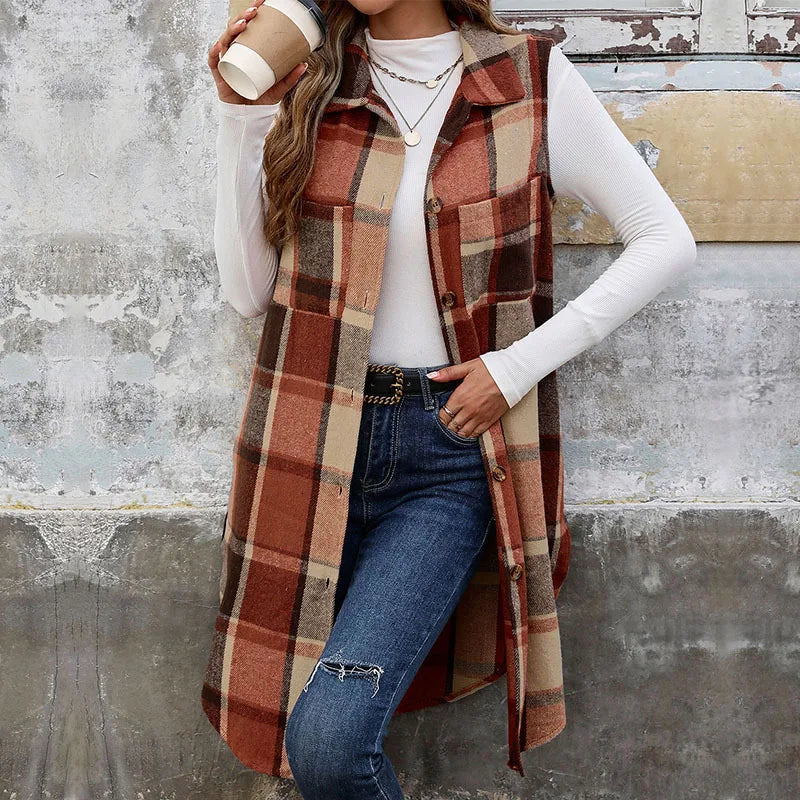 Autumn Winter Plaid Svel Stand Collar Open Cardigan Vest Vintage Long Women's Jaet Mid-Length Striped Floing