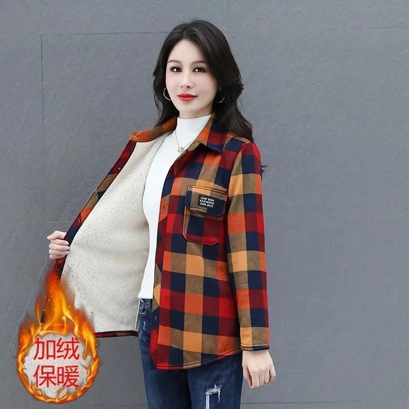 Middle Aged Women Shirt Tops Add Velvet Thicken Warm Plaid Shirt 2026 Spring Autumn Winter Casual Shirt Jacket Bottoming Shirt