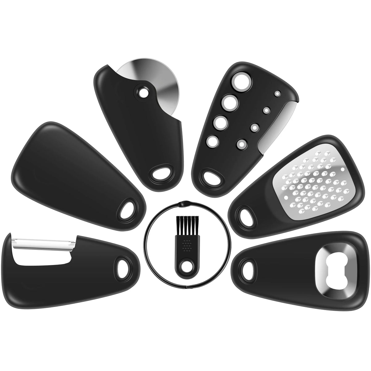 7 In 1 Kitchen Gadgets with Pizza Cutter Vegetable Peeler Bottle Opener Cheese Grater Herb Stripper Garlic Grinder and Brush
