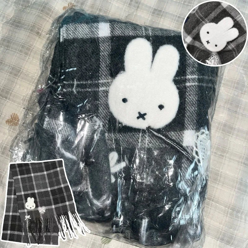 Miffy Black Checkered Scarf Autumn Winter Warm Versatile Cute Scarf for Women Girl Fashion Cotton Stoles Scarf Christmas Gifts
