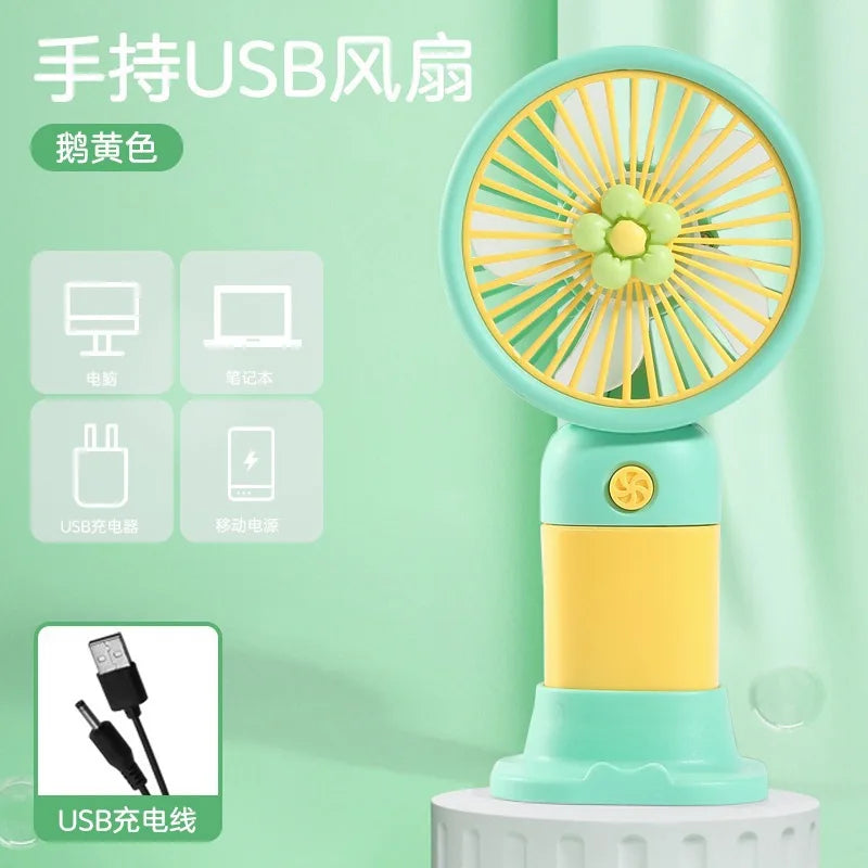 Portable Handheld USB Mini Fan with Stand Cartoon Design Rechargeable Student Fan