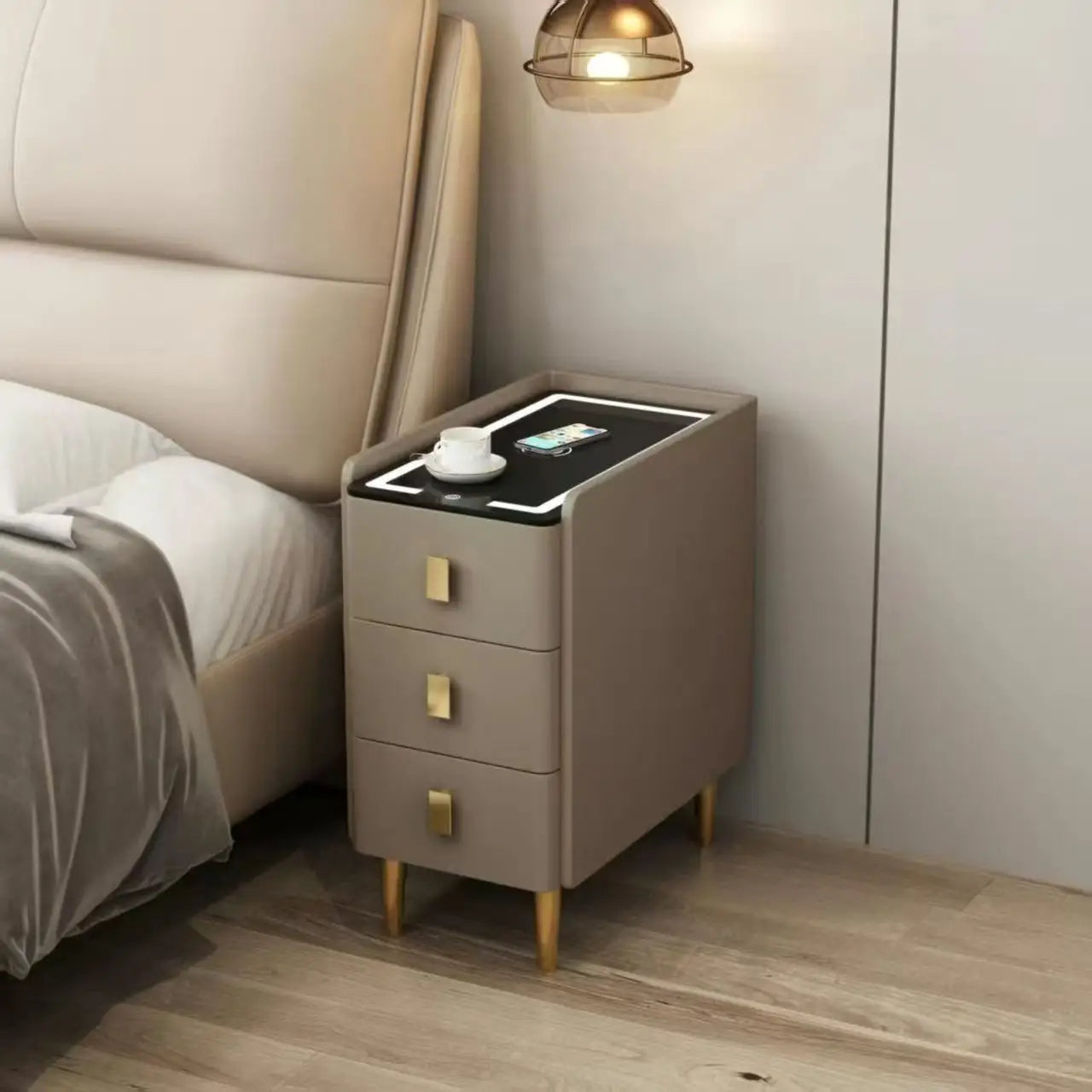Nordic Style Intelligent Solid Wood Bedside Table Faux Leather 3 Drawers Nightstands with Wireless Charging Side Storage Cabinet