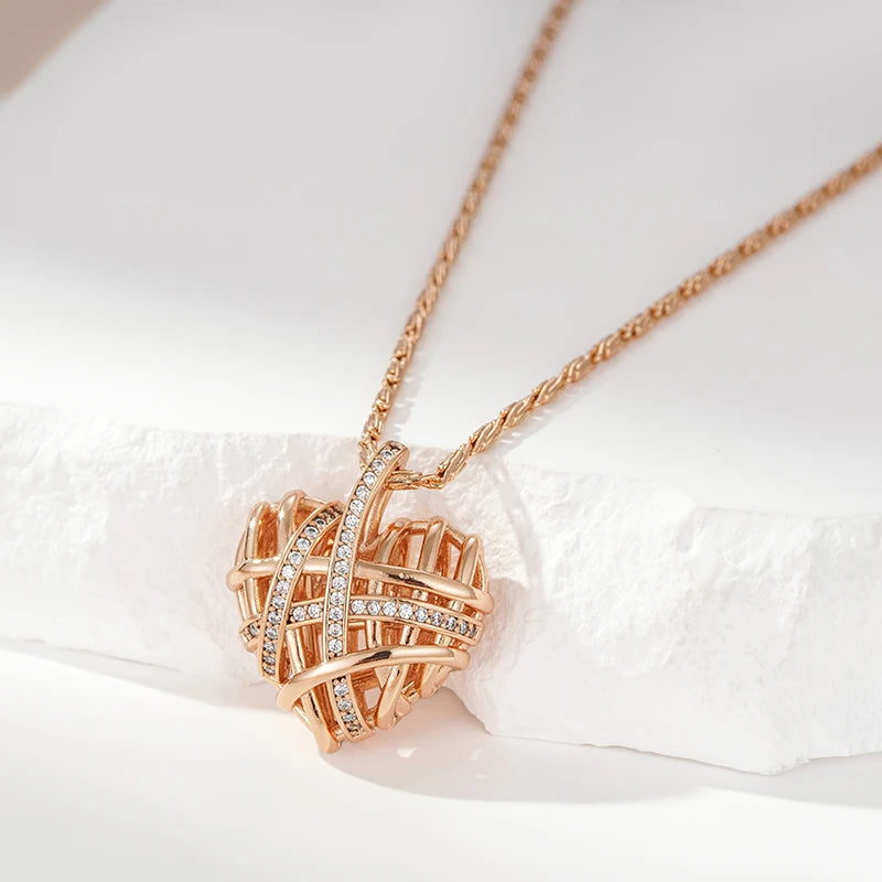 Kinel Unique Hollow Heart Pendant Necklace for Women Natural Zircon With 585 Rose Gold Color Modern Party Wedding Daily Jewelry