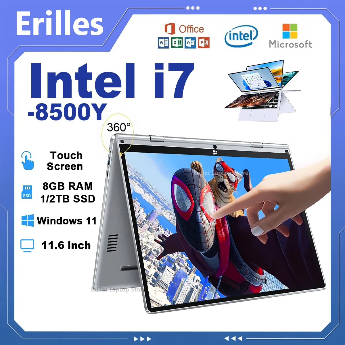2 in 1 Laptop Computer Touch Screen 11.6" Intel Core i7-8500Y 8GB 1TB 2TB SSD Windows 11 Office Portable PC 360° Flip Notebook
