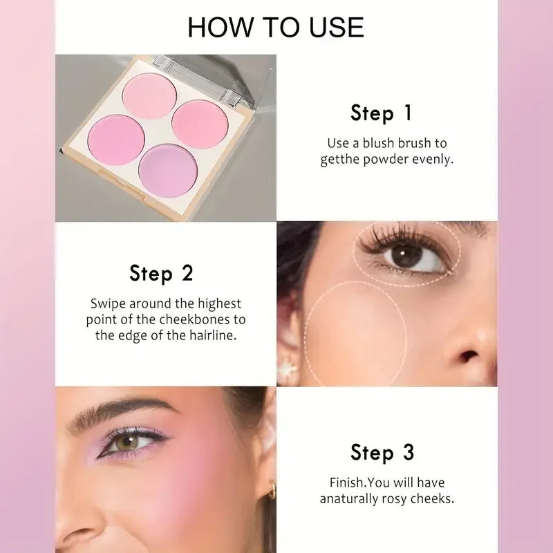 4-color matte blush palette - pinkish purple tones, waterproof, long-lasting natural nude makeup, perfect gift, Korean-style