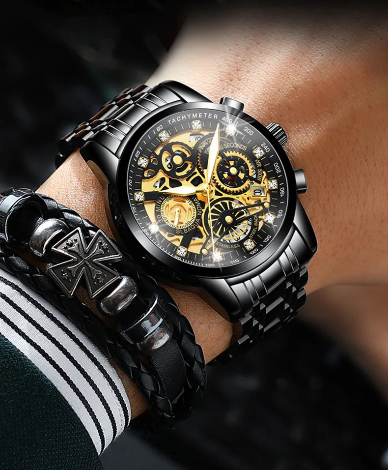 Ruizhiyuan best-selling gold watch - men's luxury waterproof watch, large gold-plated watch