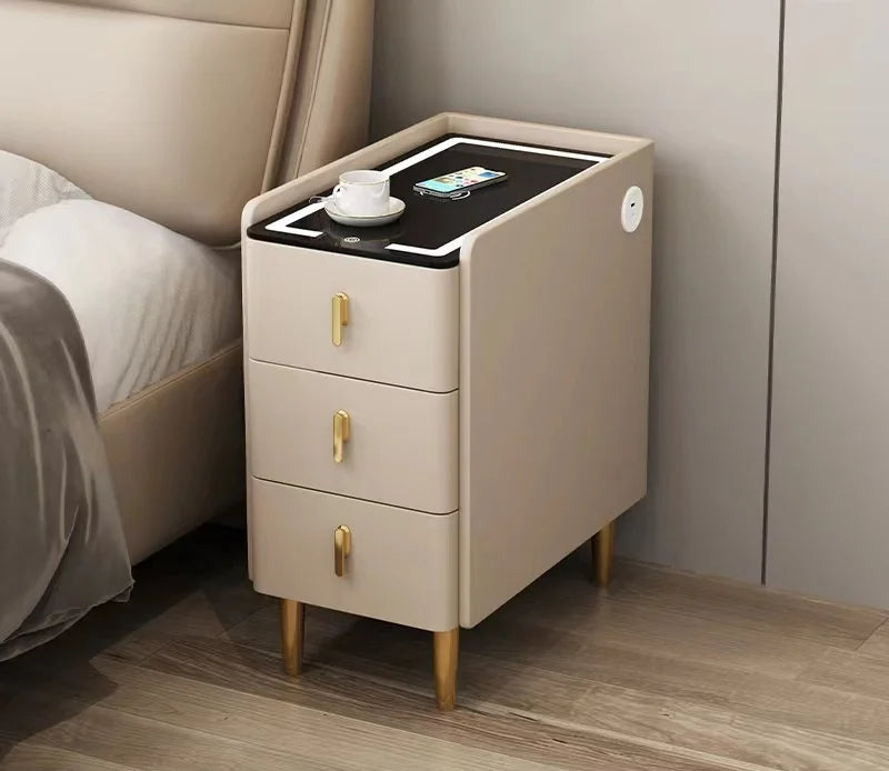 Modern Style Intelligent Wooden Bedside Table with Wireless Charging Faux Leather 3 Drawers 25cm Nightstands Storage Cabinet