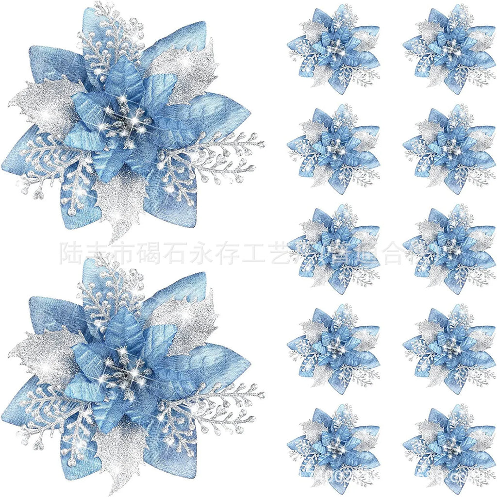 30pcs Glitter Pink Christmas Flowers Xmas Tree 14cm Artifical Flower Ornaments 2023 Merry Christmas Decoration For Home New Year