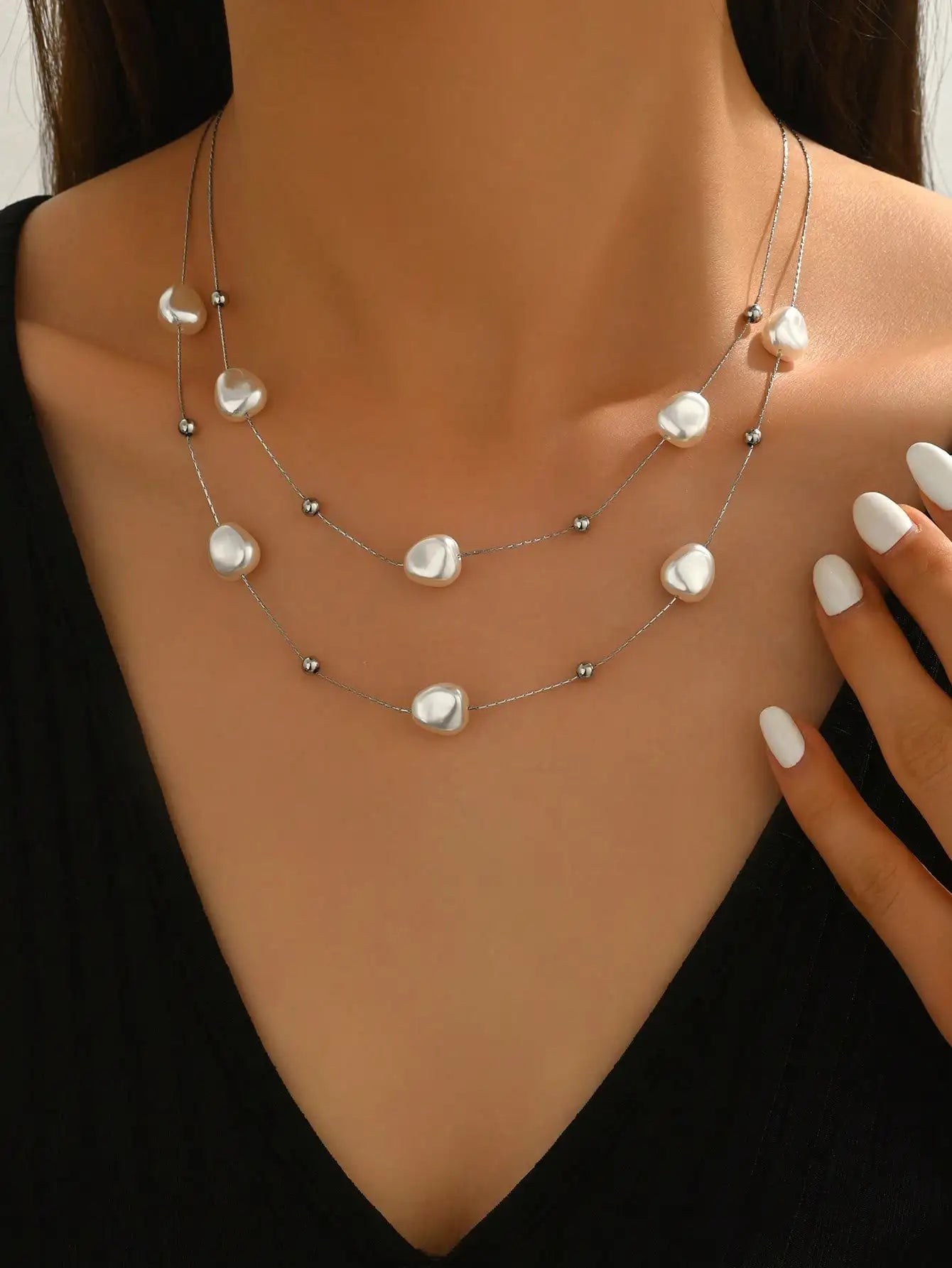 Stainless Steel Double Layer Pearl Necklace For Women Daily Wear Gift