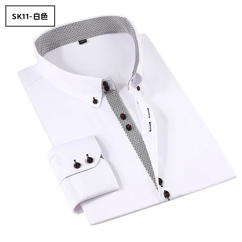 Men's Solid Color Patchwork Long Sleeve Shirt Business Casual Slim Fit Button Tops