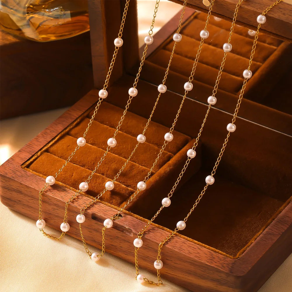 CARLIDANA Hot Selling High Quality Pearl Chain Stainless Steel Gold Plated Beaded Necklace Bracelet Set Jewelry for Women