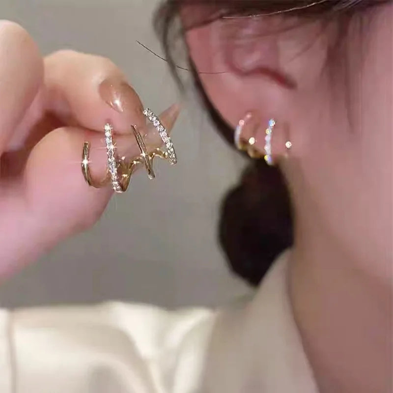 Korean Earring Claw Ear Hook Stud Earrings for Women White Enamel CZ Gold Color Ear Earrings Fashion Jewelry Christmas Gift