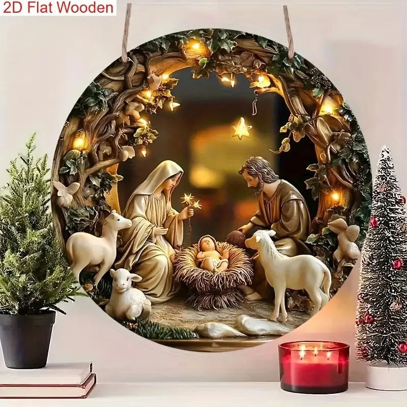 2D Flat Christmas Manger Scene, Wooden Sign, Circular Design, Church Wall Door Decoration, Christian Christmas Home