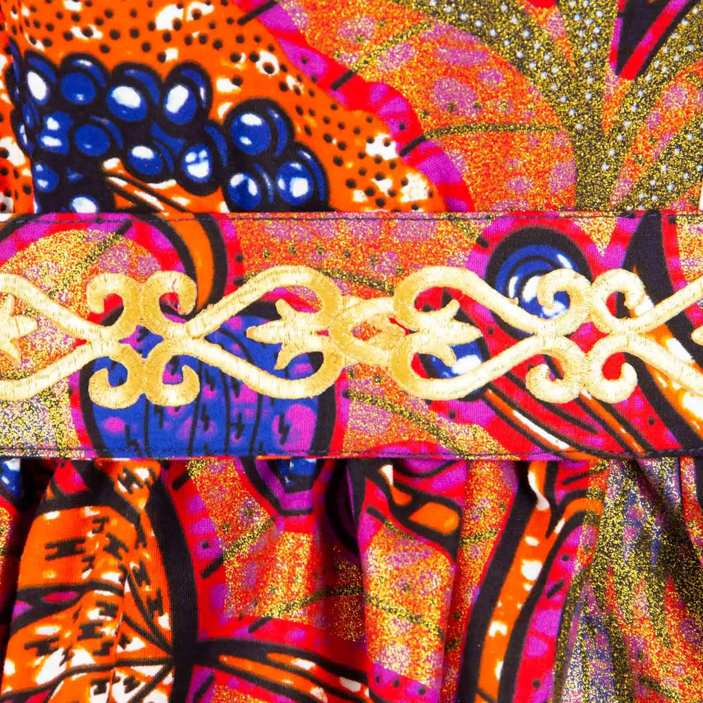 Afripride African Women's Dresses Ankara Batik Short Sleeve Gold Stamped Belt Accessory Dress 2425127