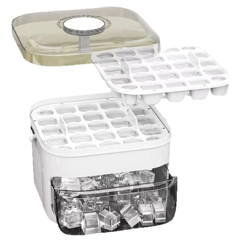Press-down ice tray, ice cube mold, ice maker, easy-release plastic mold, large-capacity ice bucket for home use.