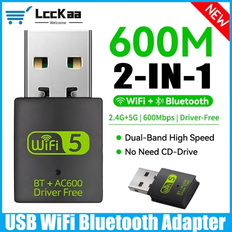 USB WiFi Bluetooth Adapter 600Mbps Dongle Dual Band 2.4G 5GHz Wi-Fi 5 Network Wireless Wlan Receiver Driver Free for PC/Laptop