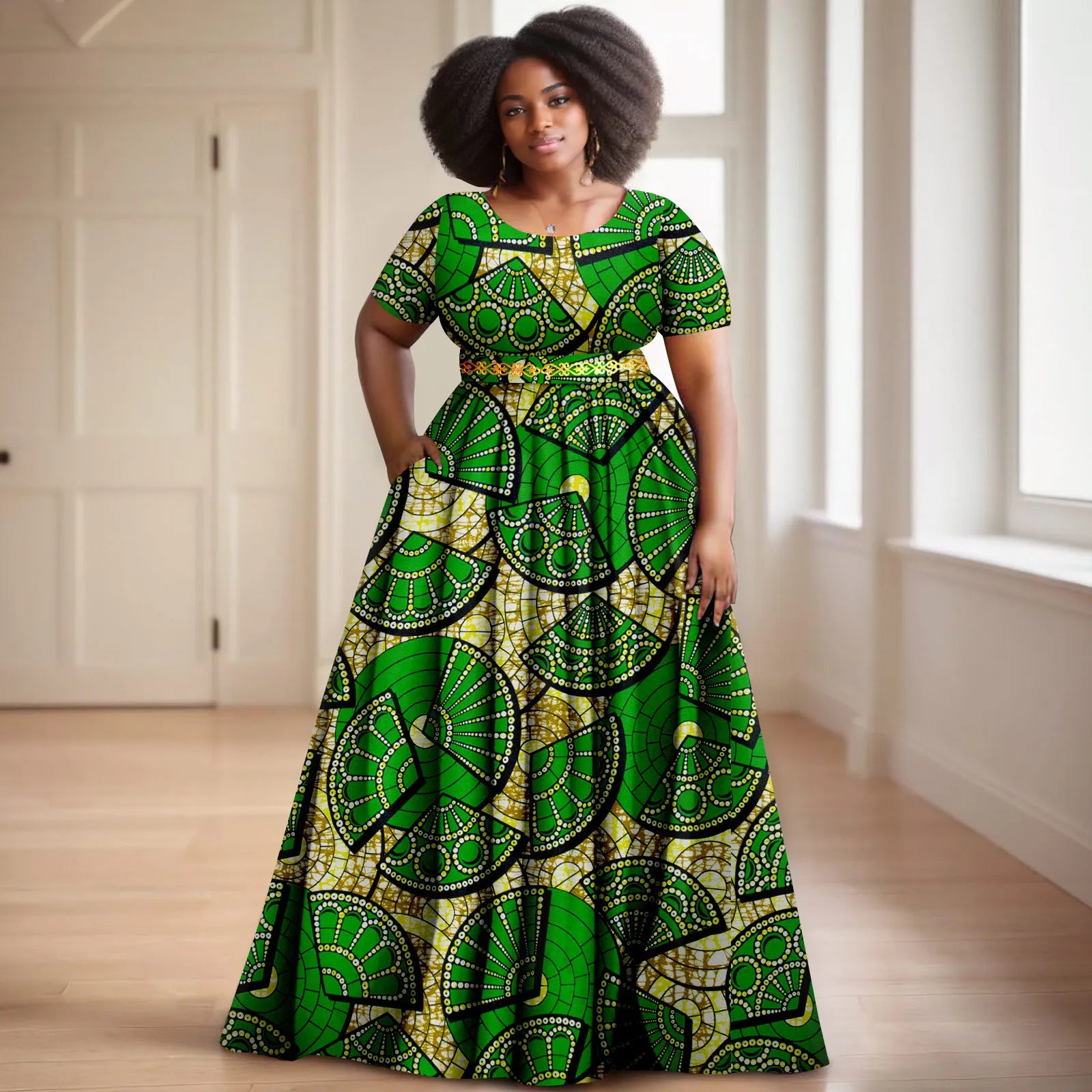 Afripride African Women's Dresses Ankara Batik Short Sleeve Gold Stamped Belt Accessory Dress 2425127