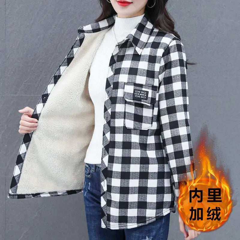 2025 Spring Autumn Winter Women's Warm Shirt Coat New Mother's Female Shirt With Plush Thickened Ladies Sanded Thick Jacket