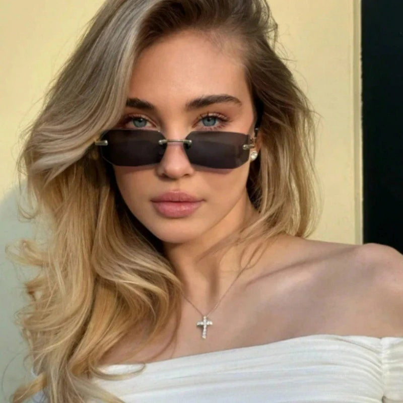Rimless Sexy Sunglasses Rectangle Fashion Popular Women Men Shades Small Sun Glasses for Female Male Traveling Oculos
