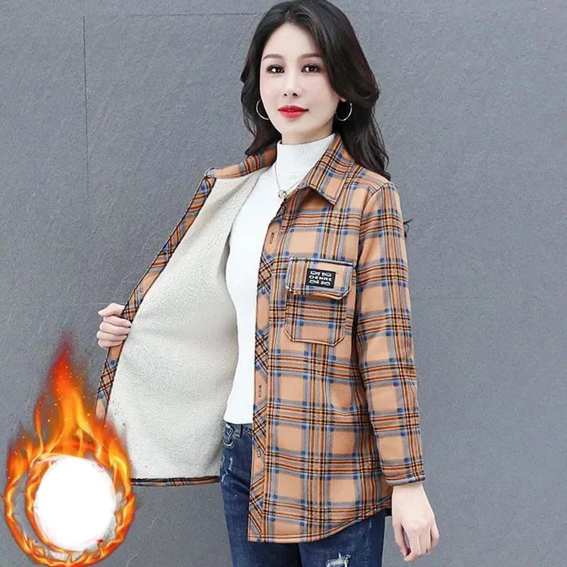 Autumn Winter Fashion Plus Velvet Harajuku Tops Women Loose Casual All Match Outerwear Lattice Shirt Long Sleeve Button Blusa