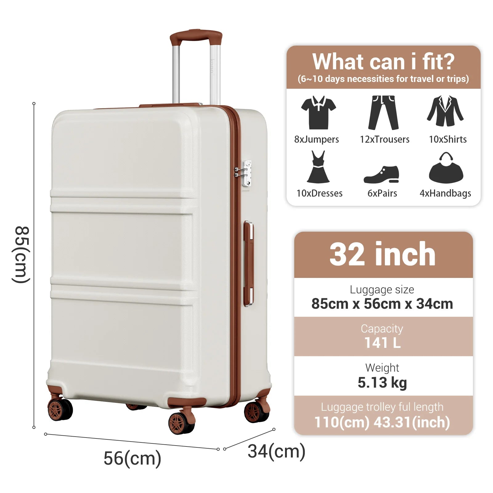 KONO 32 Inch Hard Case, Lightweight ABS + PC Trolleys with Twin wheels, TSA Lock, suitcase (S/M/L/XL)