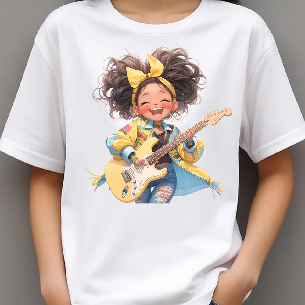 Yellow Guitar Music Girl Heat Transfer Patches For Clothing DIY A-Level Washable T-shirts Iron-on Thermal Stickers