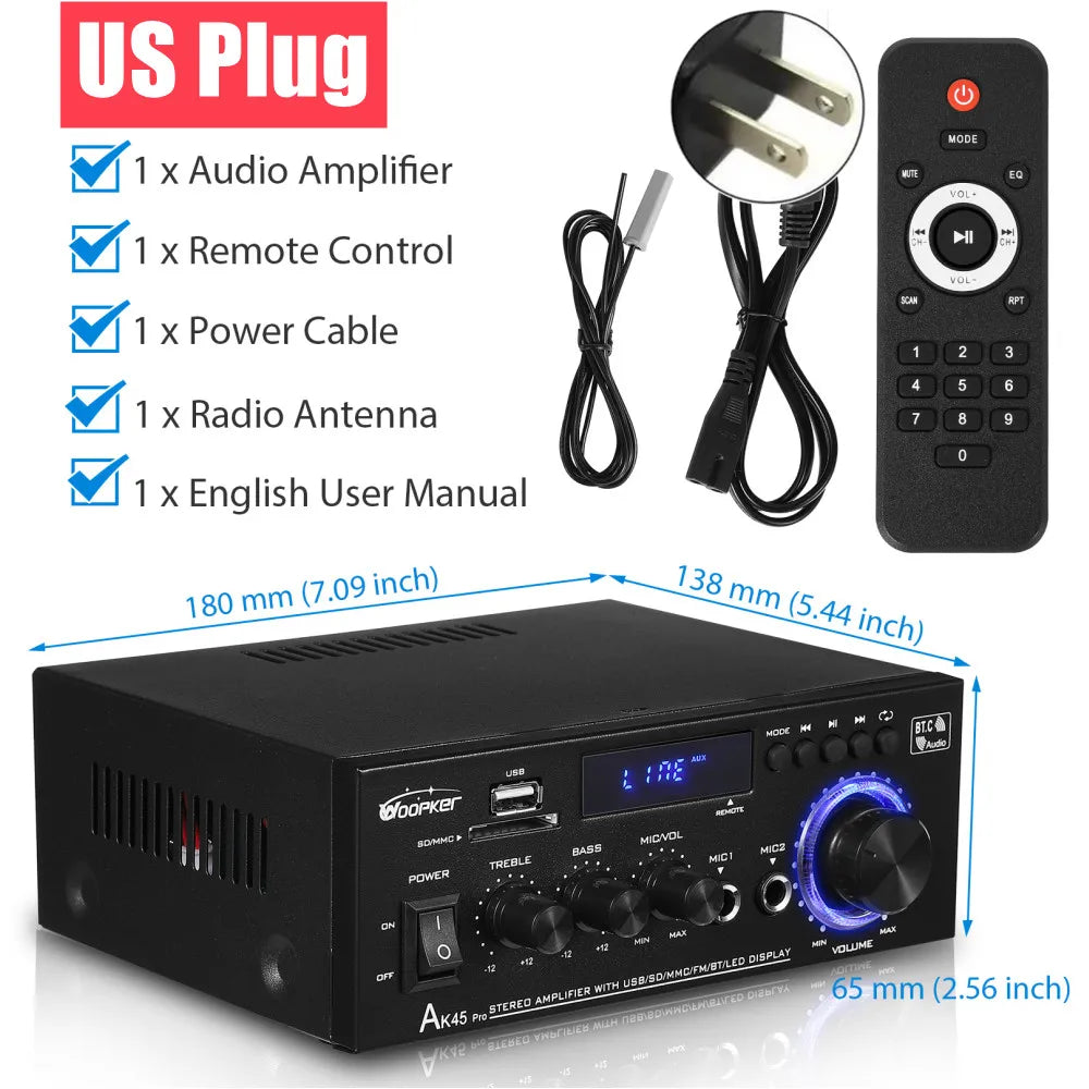 Woopker AK35/AK45/AK45 Pro/AK55 Digital Amplifier Bluetooth Sound Amplifier 2 Channel HIFi FM USB Audio Amp For Home Car Karaoke