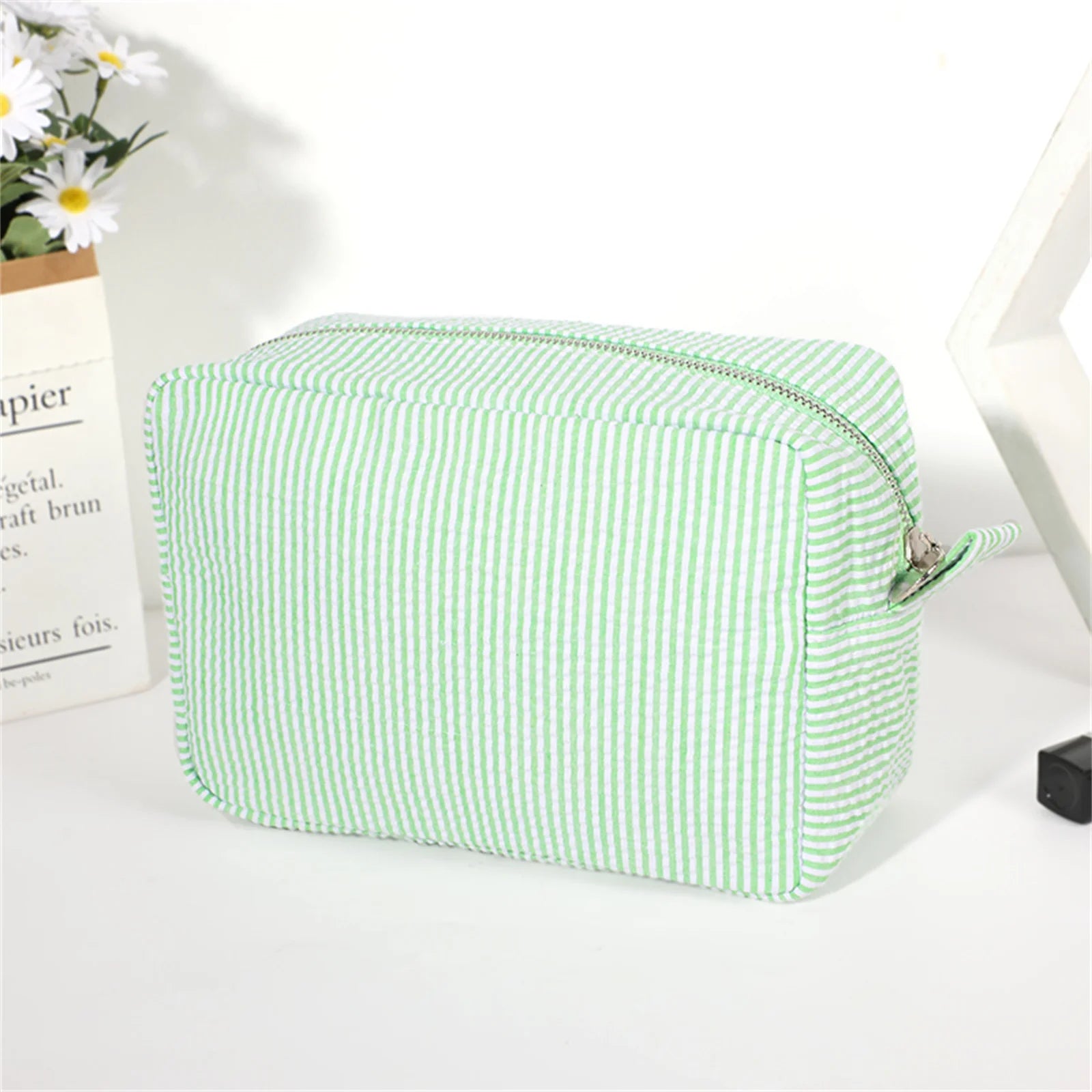 Seersucker Cosmetic Bag For Women Storage Makeup Bags Embroidery Toiletry Bag Bridesmaid Gift
