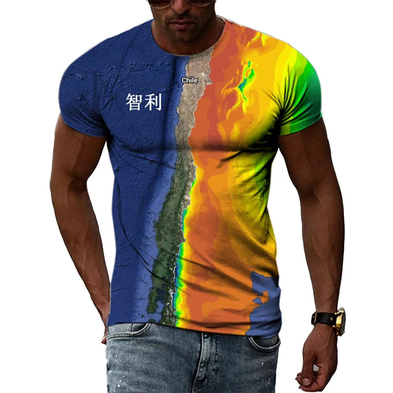 Summer T-shirts For Man 3D Print Hip Hop Harajuku Personality Round Neck Short Sleeve Fashion Natural Scenery Chile map and flag