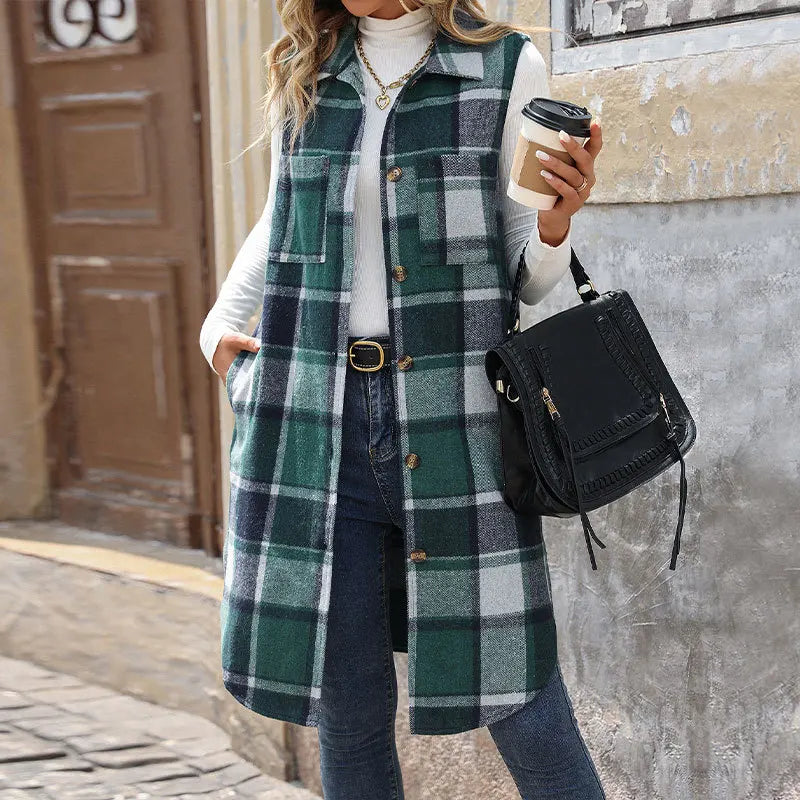 Autumn Winter Plaid Svel Stand Collar Open Cardigan Vest Vintage Long Women's Jaet Mid-Length Striped Floing