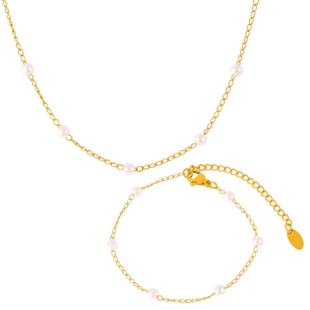 CARLIDANA Hot Selling High Quality Pearl Chain Stainless Steel Gold Plated Beaded Necklace Bracelet Set Jewelry for Women