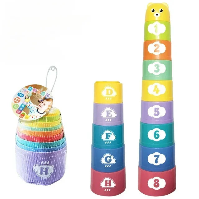 9PCS Stacking Cups Stackable Rainbow Tower with Numbers Letters Shapes Children's Educational Montessori Toys Beach Kids ﻿Gifts