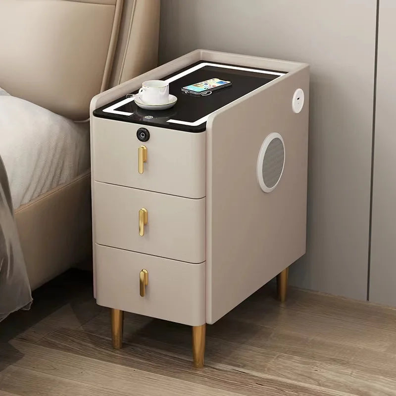Modern Style Intelligent Wooden Bedside Table with Wireless Charging Faux Leather 3 Drawers 25cm Nightstands Storage Cabinet