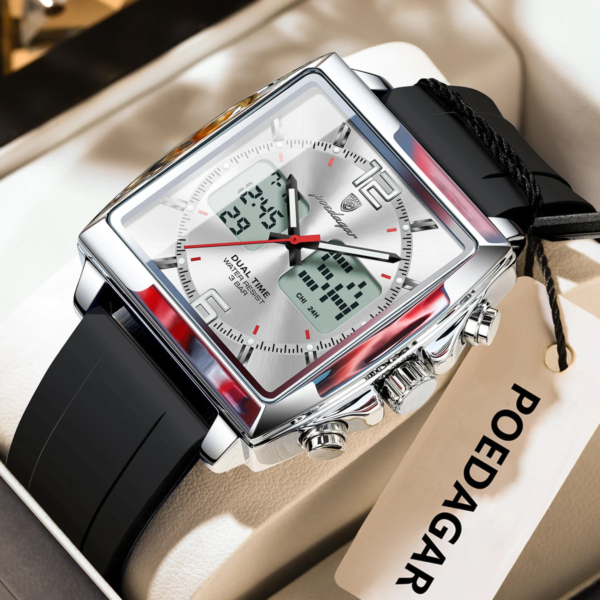 POEDAGAR Luxury Top Man Watch Electronic Square LED Alarm Chronograph Men's Watches Week Date Dual Time Display Men Quartz Clock