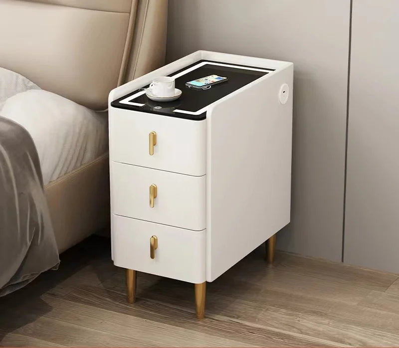 Modern Style Intelligent Wooden Bedside Table with Wireless Charging Faux Leather 3 Drawers 25cm Nightstands Storage Cabinet