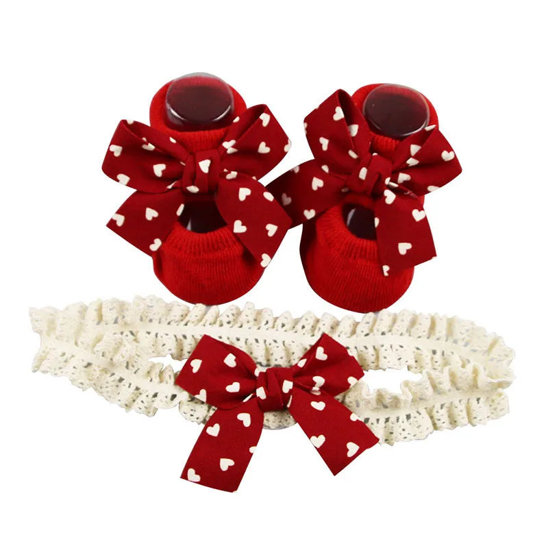 Cute Infant Headband Socks Combo - Breathable Bow Headband & Grip Socks for Baby (1 Set)