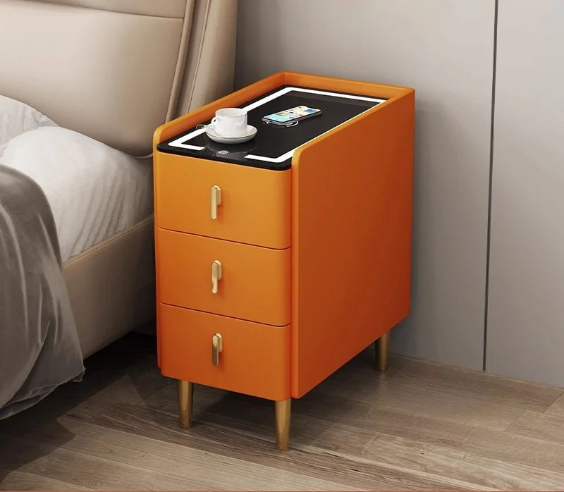 Nordic Style Intelligent Solid Wood Bedside Table Faux Leather 3 Drawers Nightstands with Wireless Charging Side Storage Cabinet