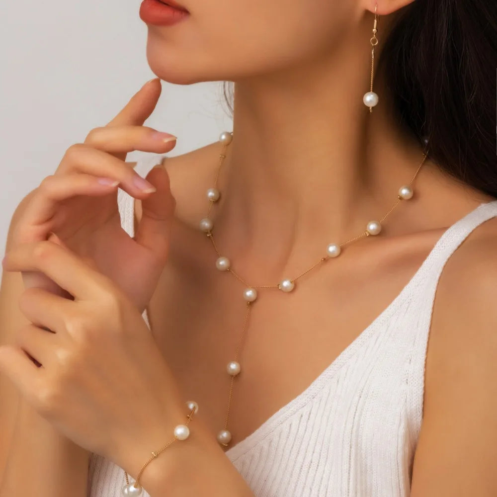 Korea Designer 3pcs set Pearl necklace bracelet earrings set for women Luxury Wedding Bride Exquisite Jewelry Accessories Gift