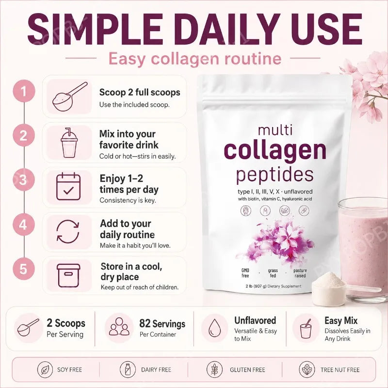 Multi Collagen Peptides with Biotin Vitamin C Hyaluronic Acid Supports Skin Hair Nails Unflavored  Types I II III V X  2Lb  907g