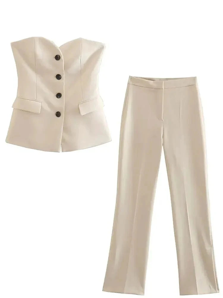 HH 2024 Women Solid Tube Top Pant Suit Sleeveless Off Shoulder Single Breasted Tube Top+All-match Straight Trousers Set TRAF