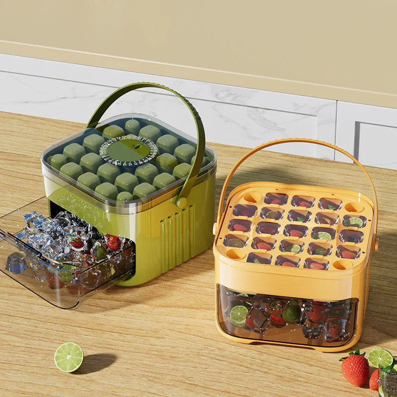 Press-down ice tray, ice cube mold, ice maker, easy-release plastic mold, large-capacity ice bucket for home use.