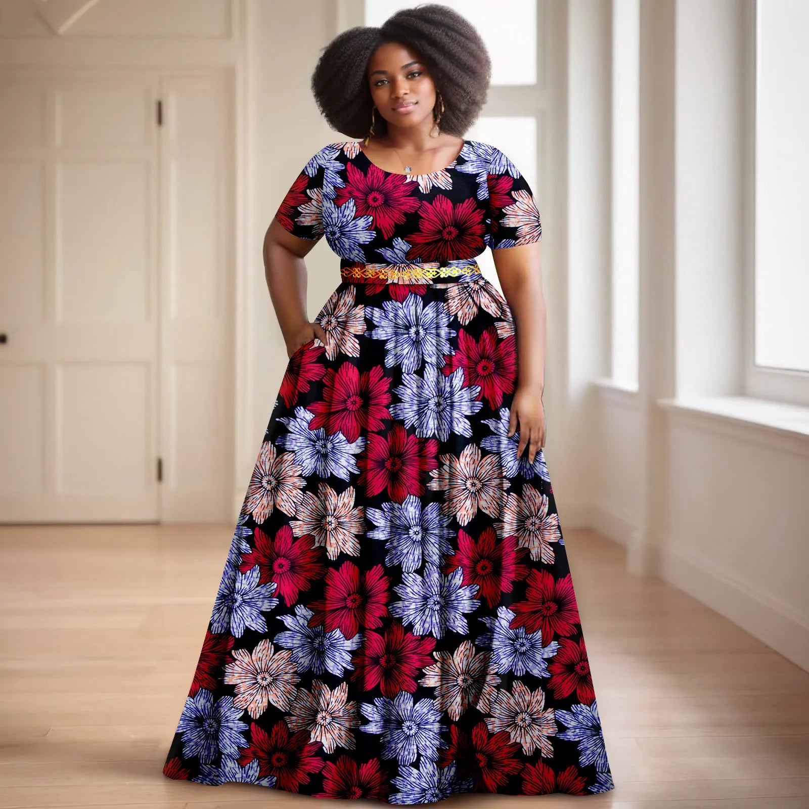 Afripride African Women's Dresses Ankara Batik Short Sleeve Gold Stamped Belt Accessory Dress 2425127