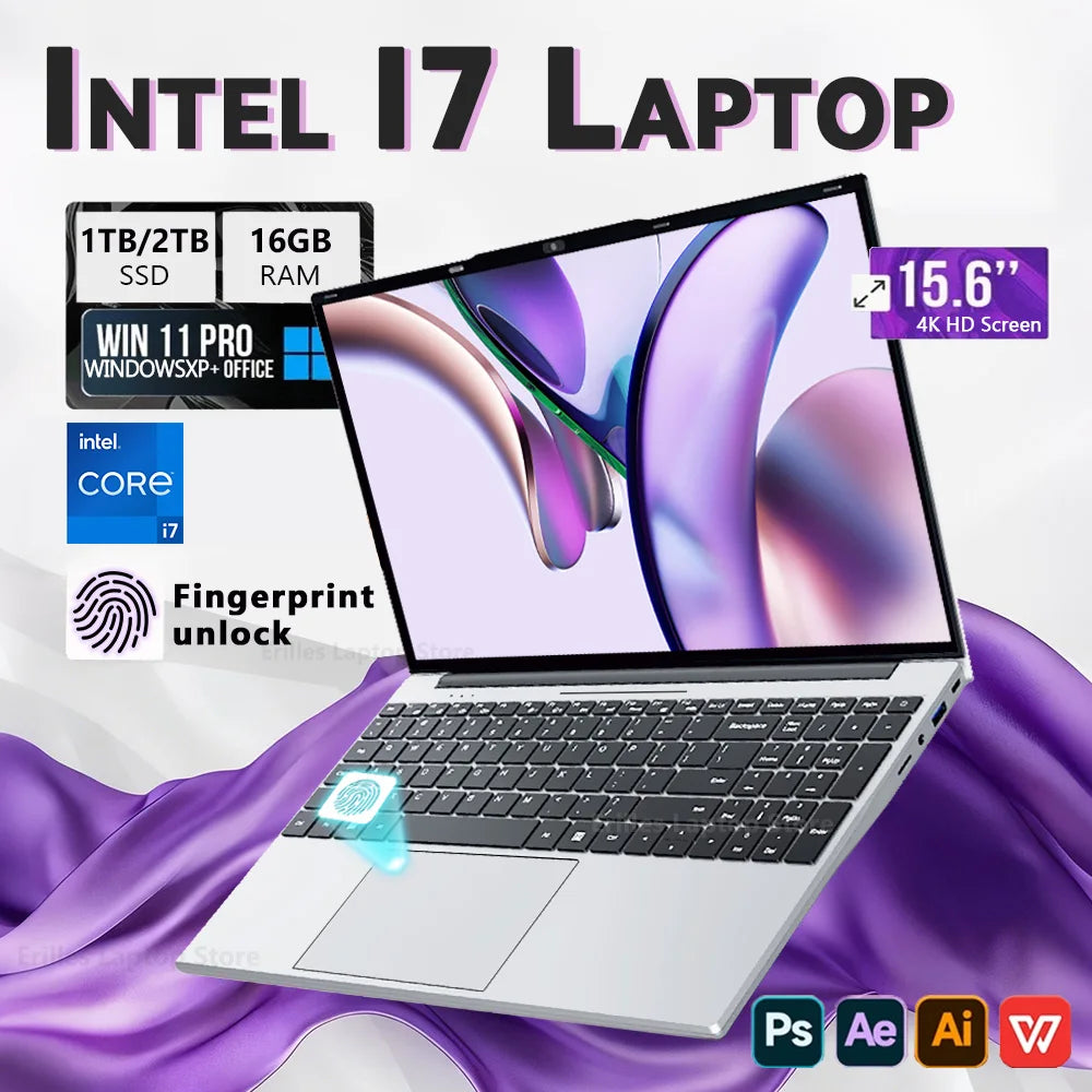 New Intel Core i7-8500Y 15.6 inch Laptop Fingerprint Unlock Computer 16GB 1TB 2TB Windows 11 Office Study Notebook PC 4K Laptops