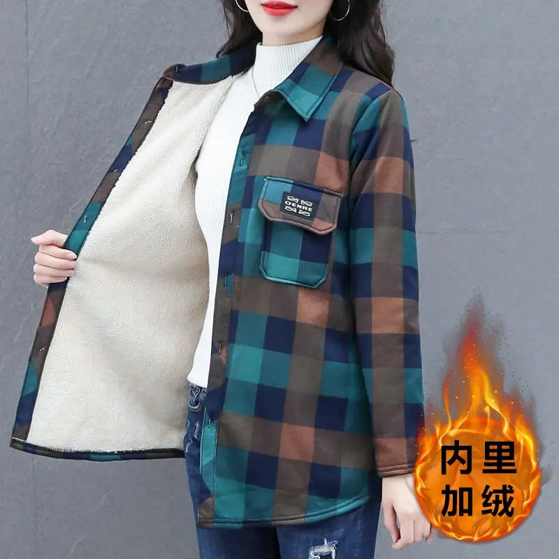 2025 Spring Autumn Winter Women's Warm Shirt Coat New Mother's Female Shirt With Plush Thickened Ladies Sanded Thick Jacket